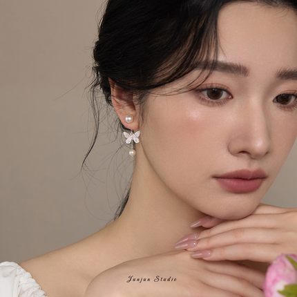 JUNJUN原创清冷高级仙气可两戴蝴蝶珍珠轻奢s925银礼物女耳钉耳环