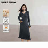 日常价 红袖 2024冬新款 女装 钩花收腰V领针织连衣裙