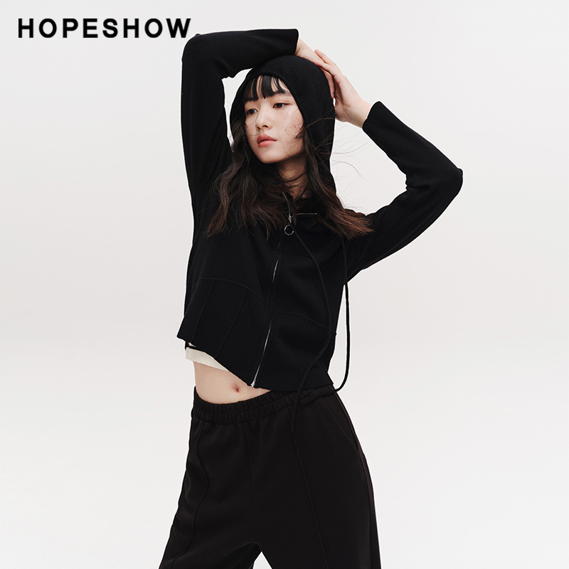 【直播专享不退不换】红袖春新款女装纯色双向拉链连帽领针织开衫