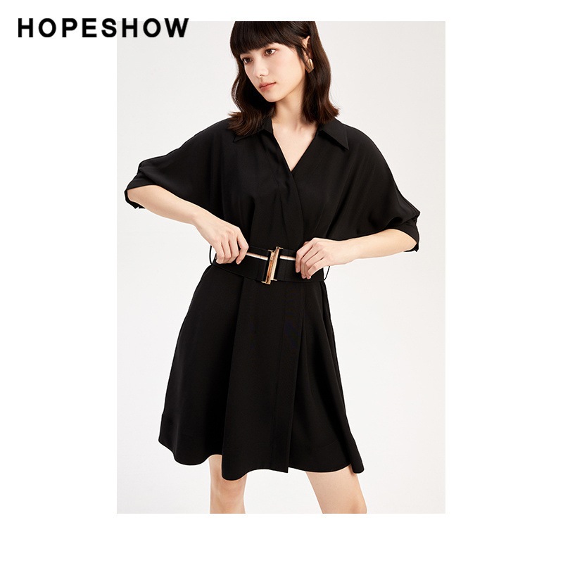 红袖夏季收腰翻领套头衬衫连衣裙