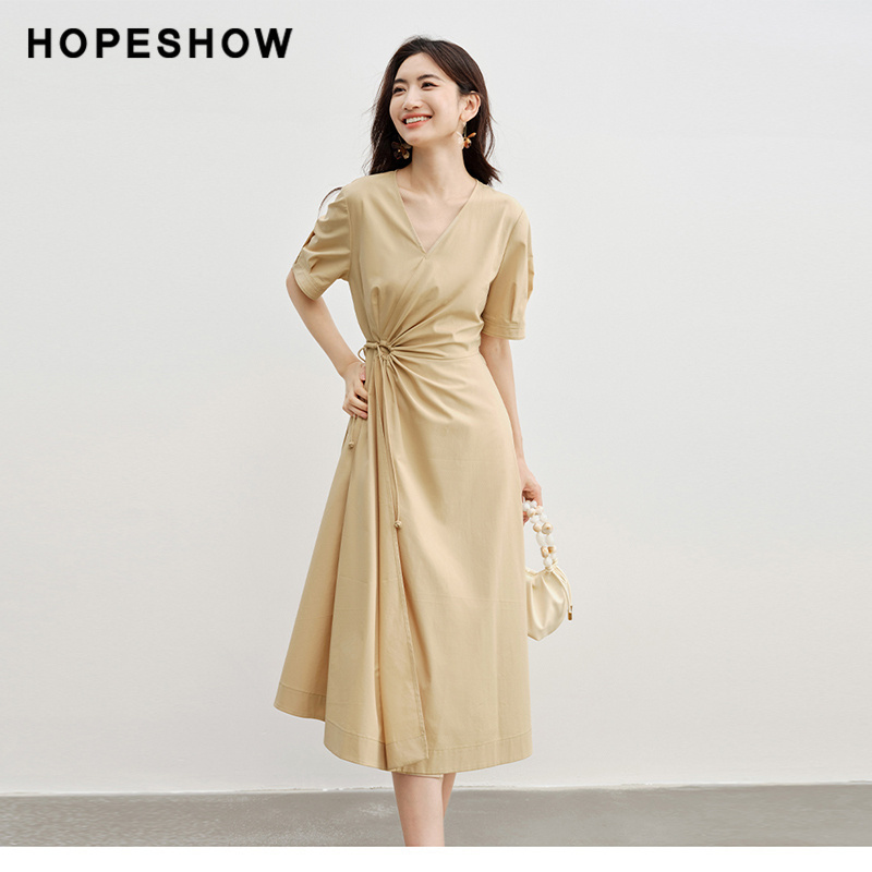 【日常价】红袖夏新款女装收腰交叉V领套头中长连衣裙