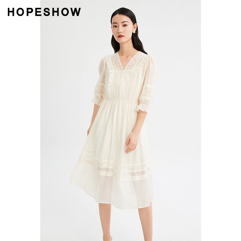 红袖夏新款女装蕾丝拼接木耳边V领连衣裙