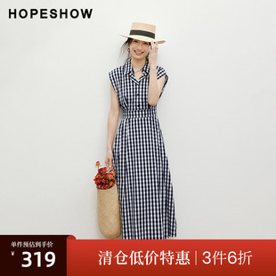 女装 2025夏季 新款 翻领连衣裙 复古格纹收腰宽肩小飞袖 清仓 红袖