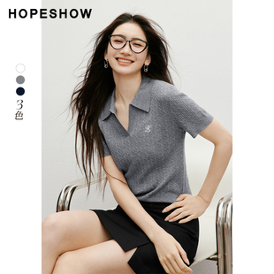 【清仓】红袖2025夏新款女装复古绞花字母绣正肩POLO领短袖针织衫