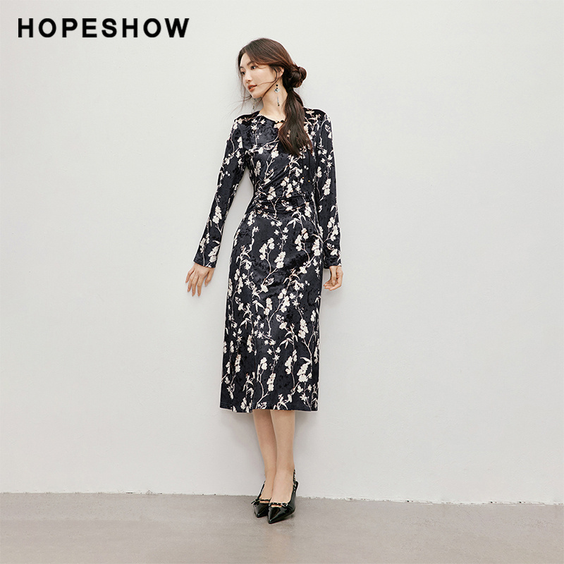 红袖秋新款女装【东方雅韵】收腰圆领连衣裙