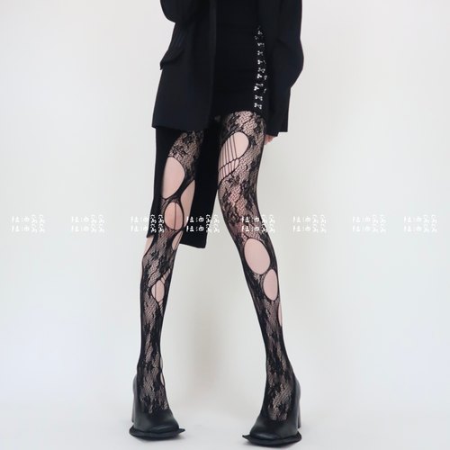 陆酒窝窝性感蕾丝渔网袜ins潮提花破洞jk辣妹连裤袜日系薄款