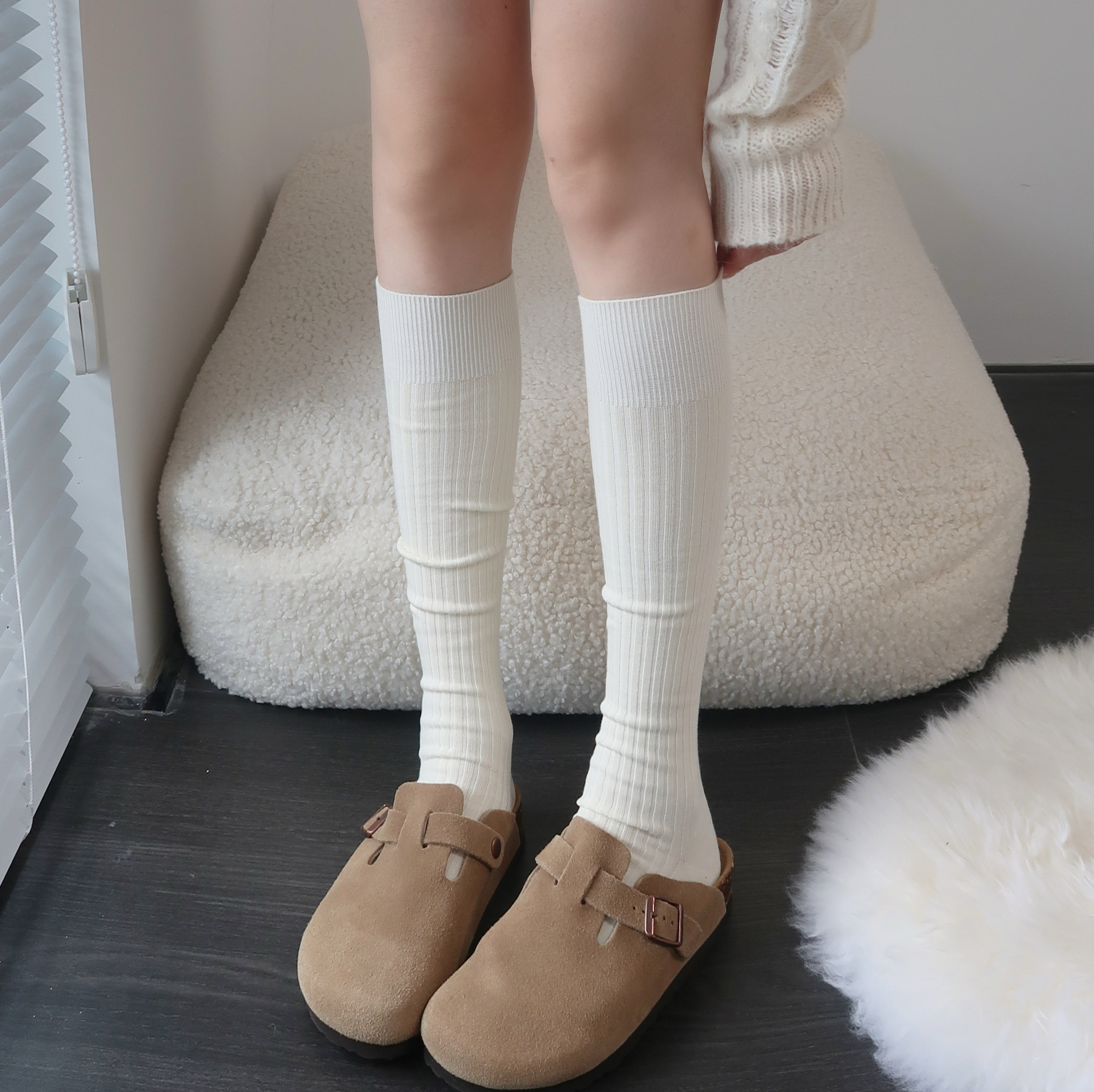 春秋米白色小腿袜女棉竖纹咖啡色堆堆袜子及膝烟灰色中长筒袜,女士内衣/男士内衣/家居服,长筒袜,淘宝优惠券,粉丝福利购,淘宝优惠卷