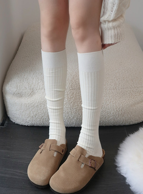 春秋米白色小腿袜女棉竖纹咖啡色堆堆袜子及膝烟灰色中长筒袜