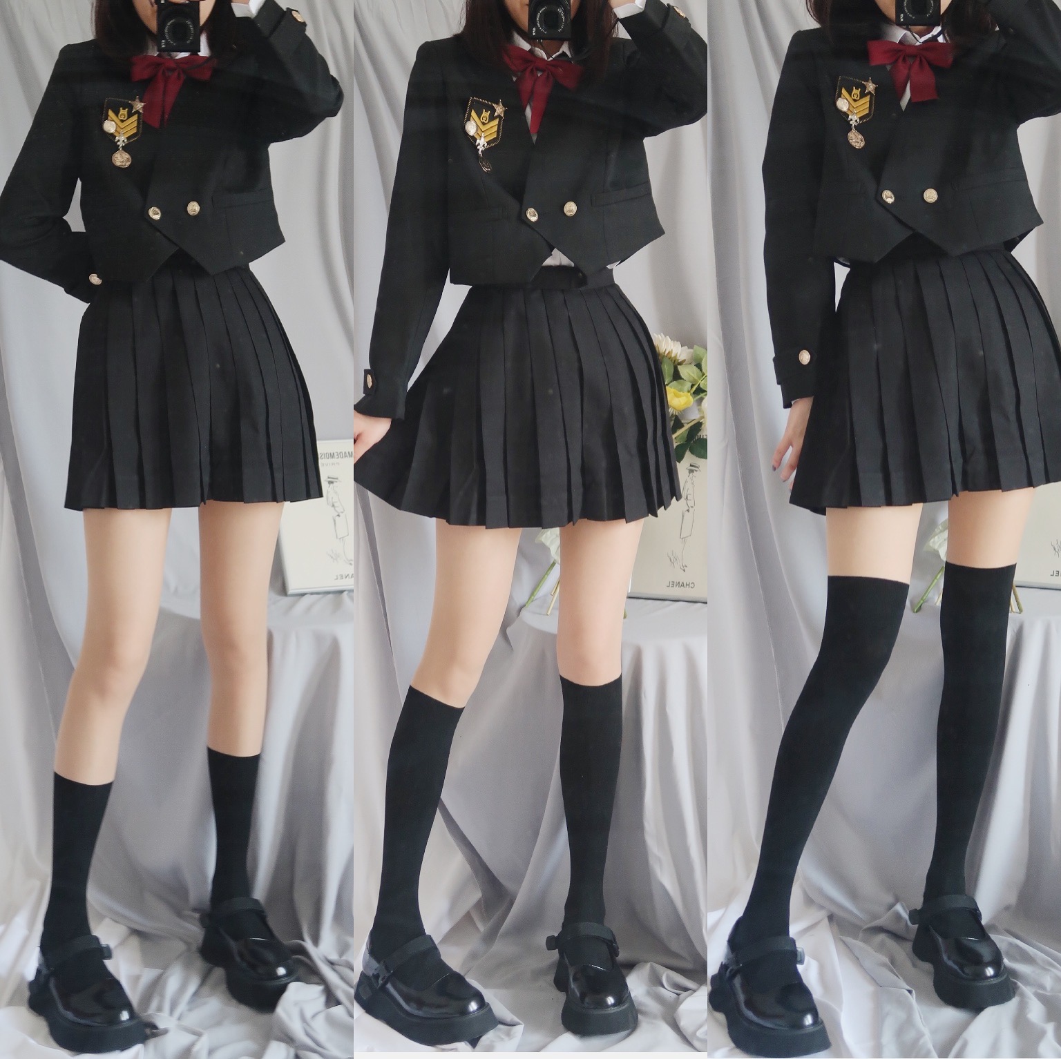 秋冬两截式拼接打底黑白小腿日系