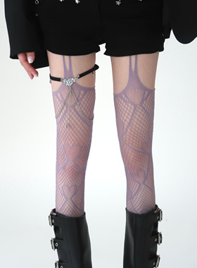 陆甜茶春夏紫色辣妹爱心大腿吊带镂空网眼丝袜渔网袜y2k千禧ins潮