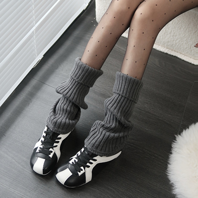 陆甜茶羊毛白色袜套女秋冬季保暖针织粗线腿套灰色竖条堆堆袜子