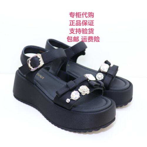 卡迪娜新款厚底水钻露趾女凉鞋