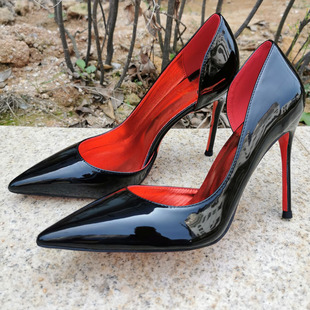 CL侧空尖头高跟鞋细跟8cm性感10cm单鞋红里12cm大码女鞋侧空鞋6cm