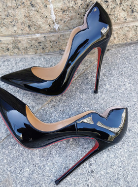 CL红底鞋12cm尖头高跟鞋细跟浅口欧美性感Hot Chick波浪V口边单鞋