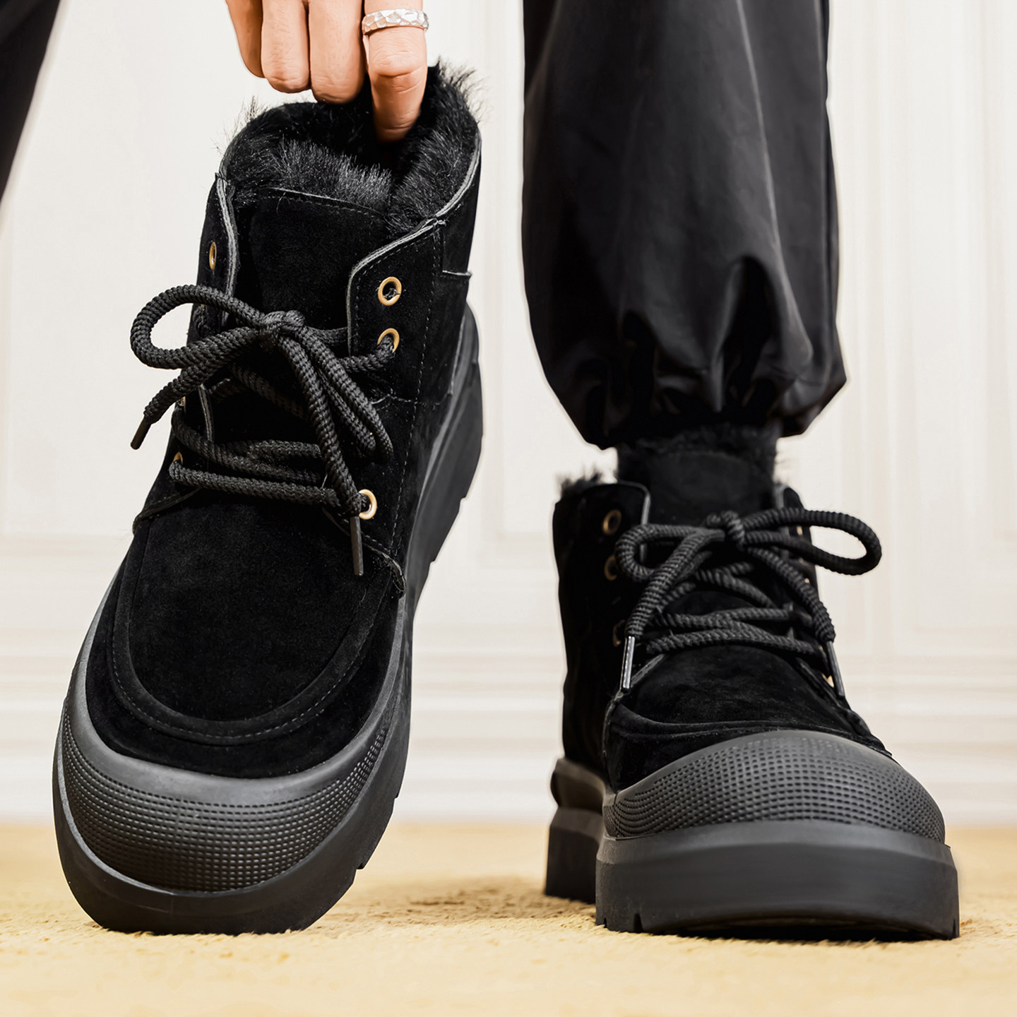 高帮棉鞋男冬季加绒加厚保暖防寒东北户外大头黑色皮毛一体雪地靴,流行男鞋,高帮鞋,淘宝优惠券,粉丝福利购,淘宝优惠卷