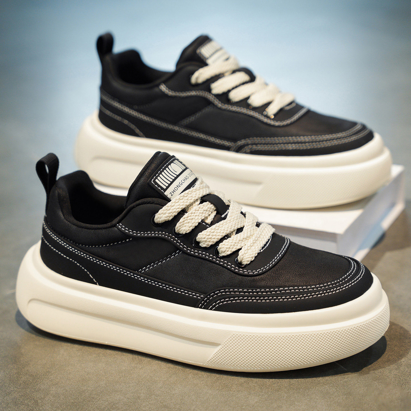 男鞋2026新款冬季潮牌学生皮面休闲韩版黑色厚底增高工作百搭板鞋,流行男鞋,单鞋,淘宝优惠券,粉丝福利购,淘宝优惠卷