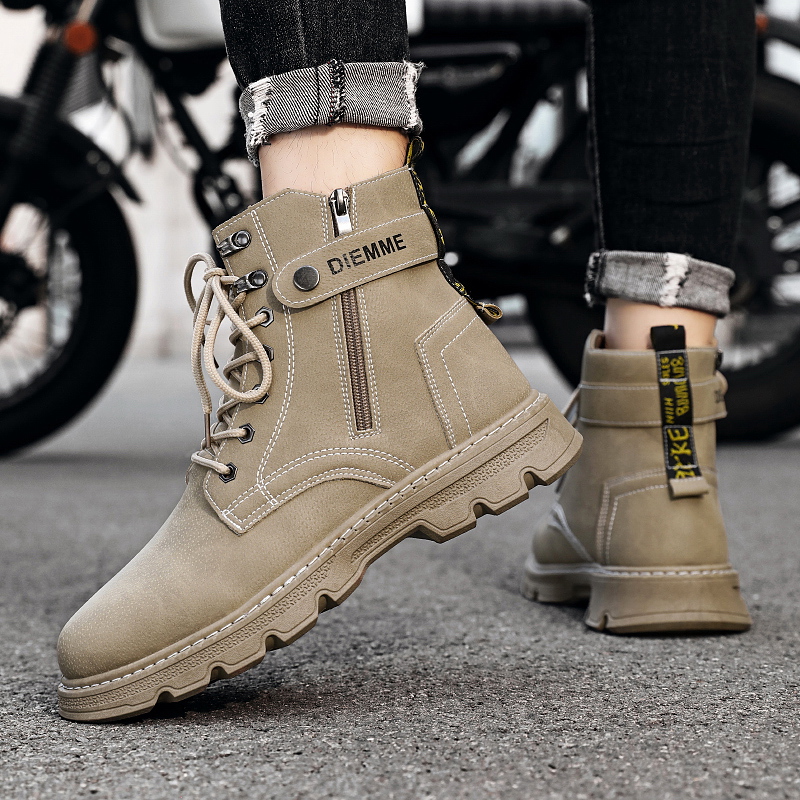 马丁靴男秋季潮流百搭休闲高帮鞋户外登山英伦风侧拉链沙漠工装靴