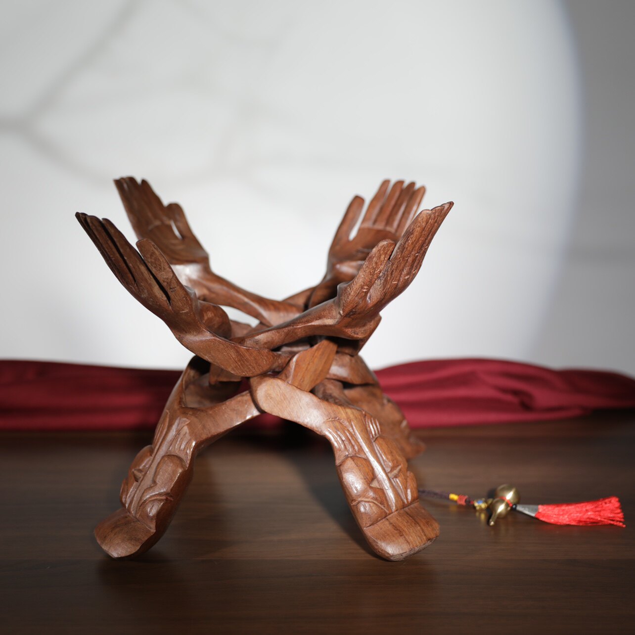 实木佛手果盘架阴檀木果盆架四只手托架整木雕刻装饰摆件工艺品