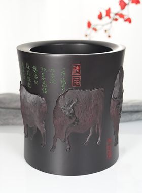 木雕笔筒摆件大号毛笔筒五牛图喜鹊登梅实木雕刻黑檀木办公桌礼品