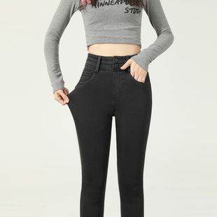 高弹力仿牛仔打底裤女外穿高腰秋冬加绒薄绒深灰靴裤九分紧身小脚