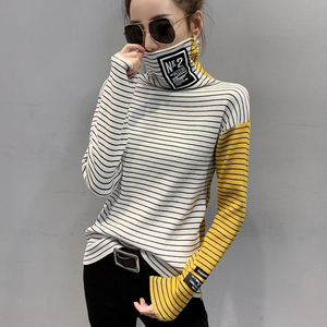 RS49048#加绒条纹毛衣打底衫女长袖高领秋冬新款上衣宽松时尚针织衫