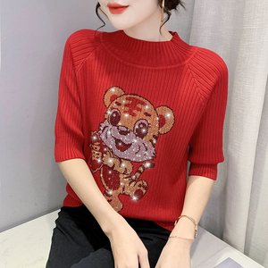 RS49057#冬季新款红色短袖毛衣女半高领新年生肖老虎针织衫半袖上衣潮