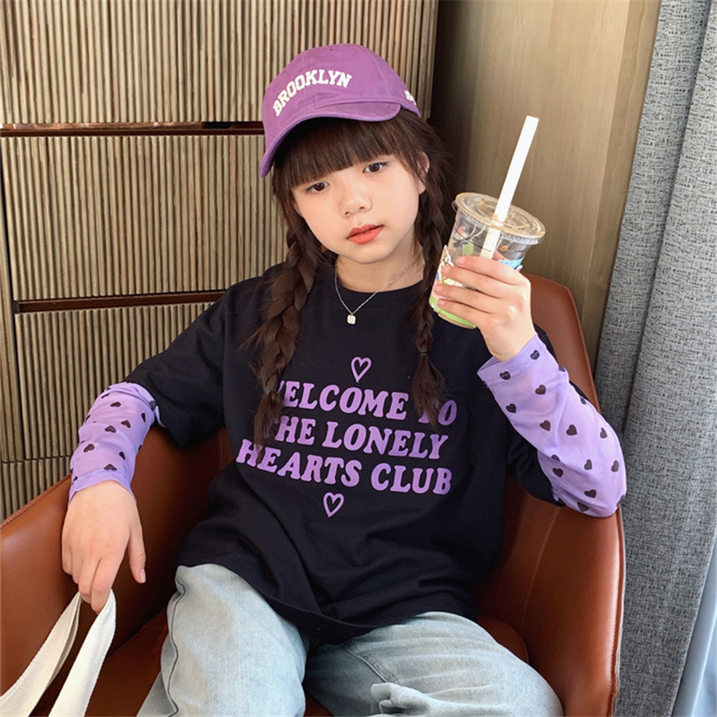女大童防晒袖假两件T恤2025春夏装新款青少年时尚拼接短袖潮T上衣
