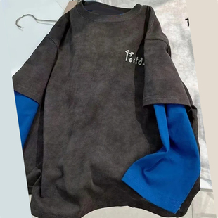 男童t恤长袖假两件春装2025新款儿童打底衫纯棉痞帅风女童上衣服