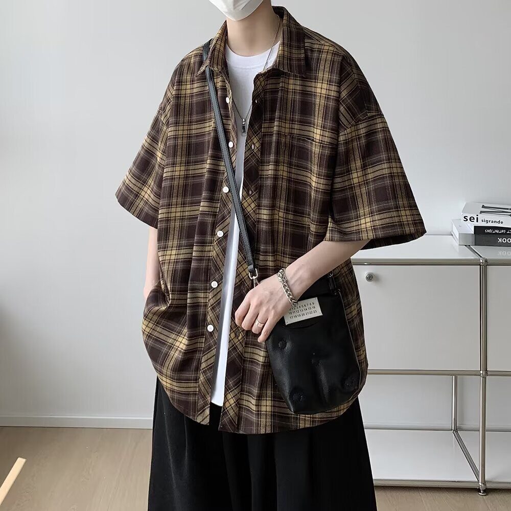 港风夏季格子短袖衬衫男款条纹休图片