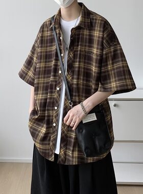 港风夏季格子短袖衬衫男款条纹休