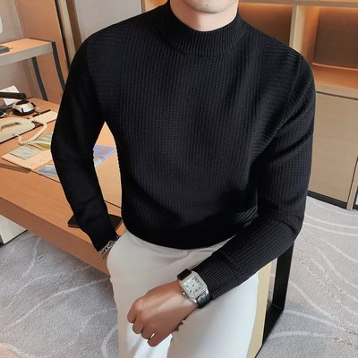 半高领毛衣男款韩版修身弹力坑条毛线针织衫秋冬季中领纯色打底衫