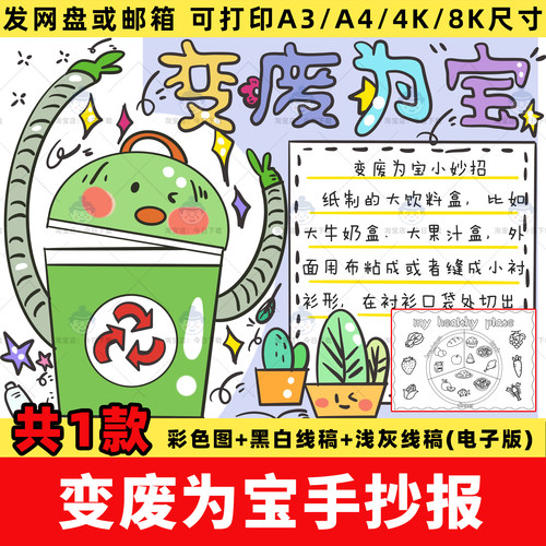 小学生变废为宝手抄报模板电子版垃圾回收利用保护环境小报线稿a4