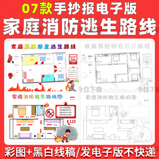 家庭消防疏散逃生路线示意图手抄报消防安全逃生图线稿电子版模板