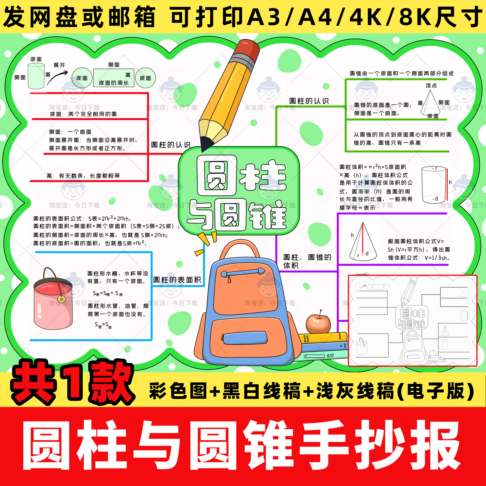 圆柱与圆锥手抄报电子版模板小学六年级数学下册思维导图小报线稿