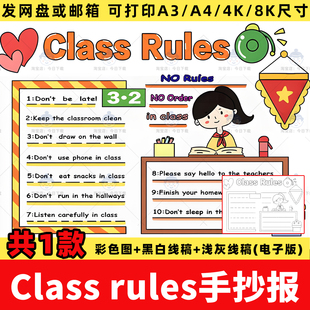 四年级下册英语班规class rules手抄报班级公约规则英文小报线稿