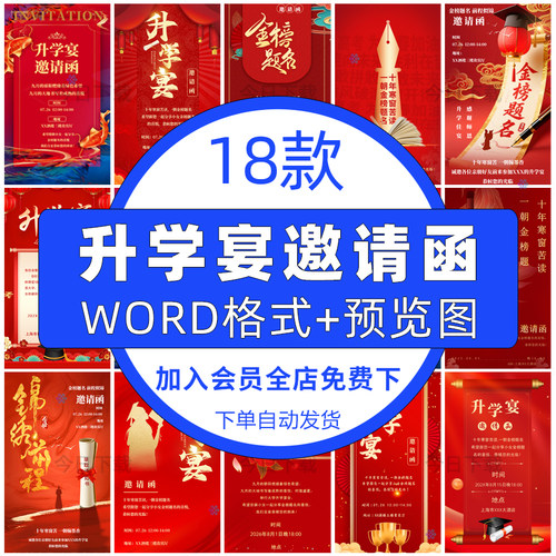 红色高中大学金榜题名升学宴邀请函模板电子版请帖word可编辑海报