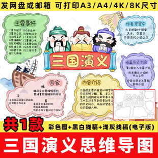 三国演义思维导图手抄报课外阅读书四大名著人物线稿电子版模板a4