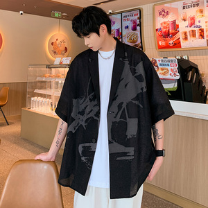 同款抖音卖299.夏装短袖男潮西服外套加肥加大码男装时尚印花单西图片