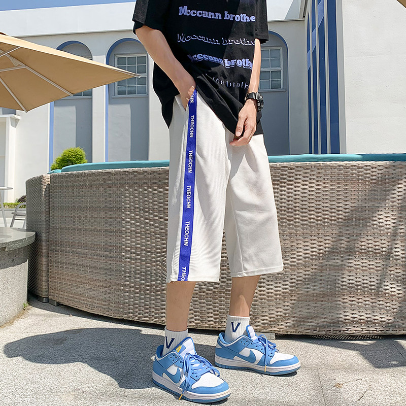夏季2023港风ins华夫格阔腿裤字母短裤男加肥加大码休闲七分裤6XL,男装休闲裤,星座909
