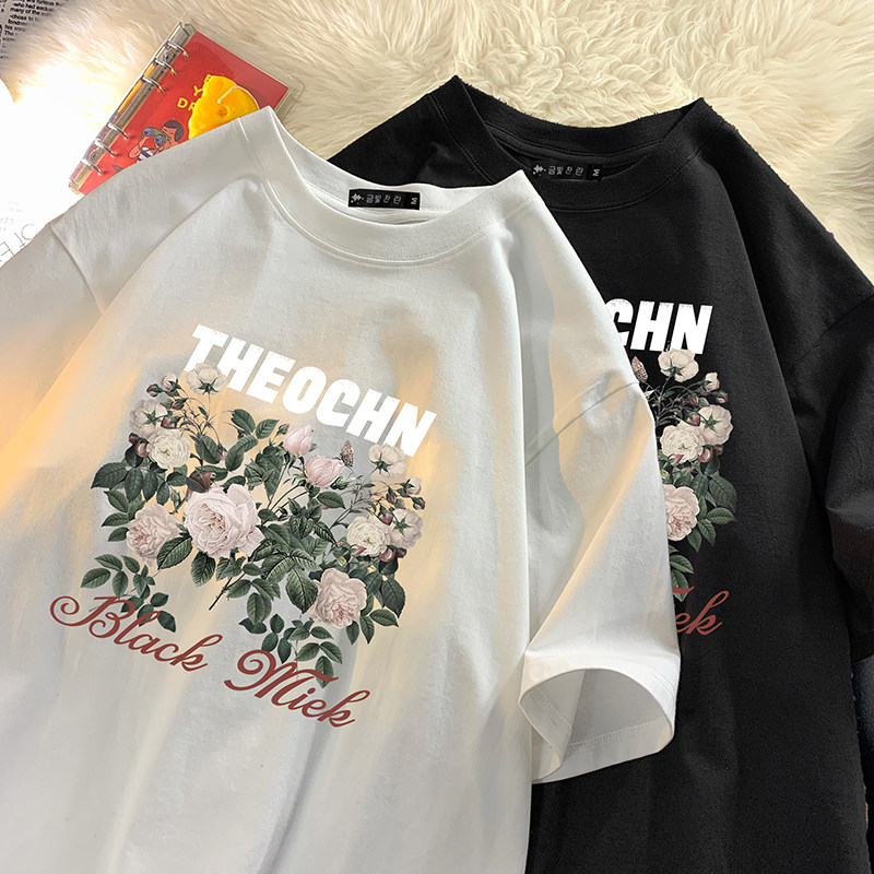 夏装花朵图案大码男装纯短袖T恤男加肥加大码中性情侣半袖6XL，男装T恤，星座909