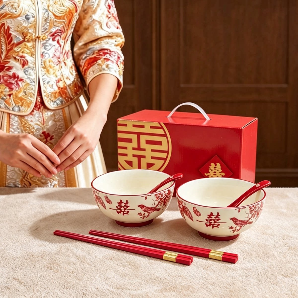 结婚喜字陶瓷碗筷套装