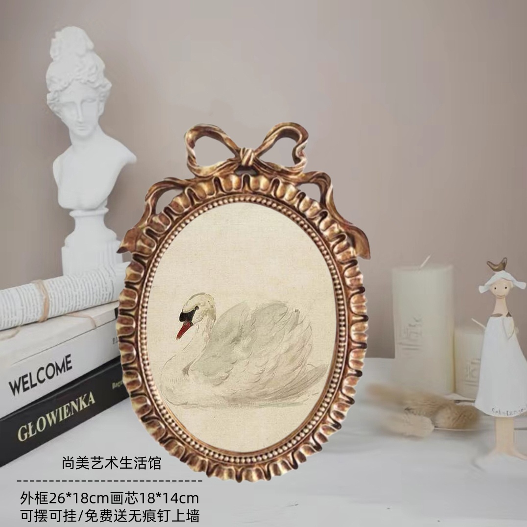 法式复古蝴蝶结相框浮雕画框橢圆形桌面摆件卧室背景墙装饰画挂画图片