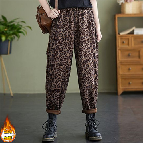 加绒加厚胖mm300斤长裤女豹纹