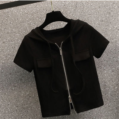 胖mm300斤螺纹拉链短袖T恤女