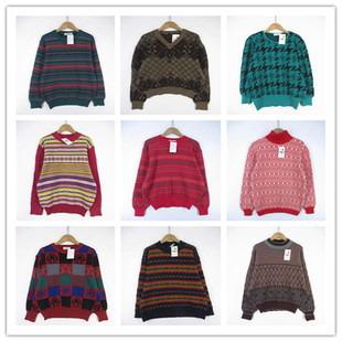 复古着vintage日韩尖货学院风甜美系撞色印碎花卉套头纯毛衣D2162