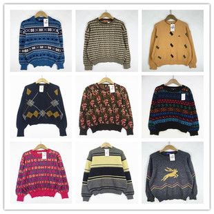 复古着vintage日韩原单学院风甜美系字母撞色印花套头纯毛衣D2362