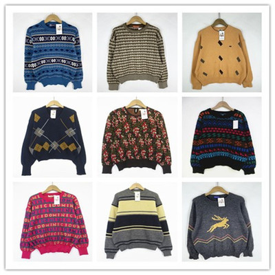 复古着vintage日韩原单学院风甜美系字母撞色印花套头纯毛衣D2362