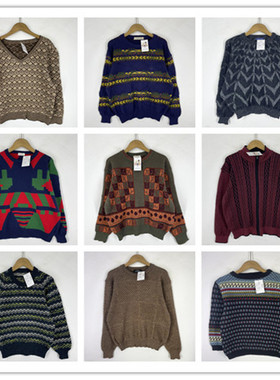 复古着vintage日韩精选校园风甜美系几何印花男女套头纯毛衣D2563