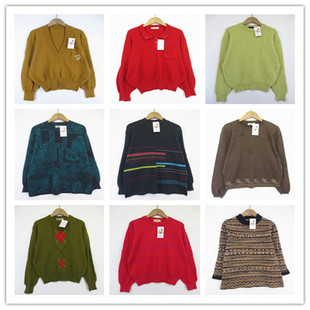 复古着vintage日韩原单学院风甜美系渲染撞色印花套头纯毛衣D3362