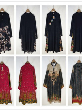 复古着vintage日韩原单民族风甜美森女系宫廷印花长袖连衣裙L2904